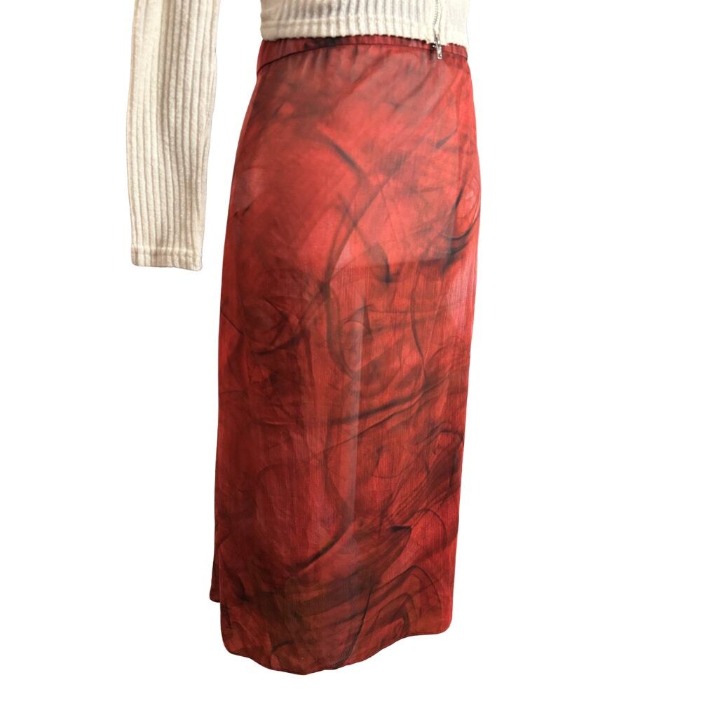 Smoke Print Sheer Wrap Midi Skirt Red Black Size L